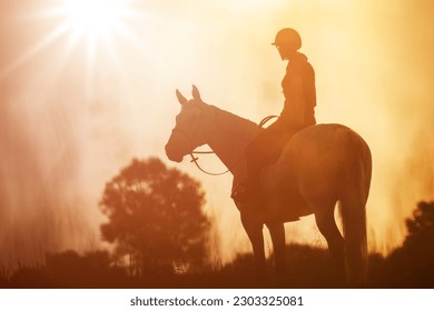 The silhouette of a horse rider and her horse against the background of sunset. - Powered by Shutterstock