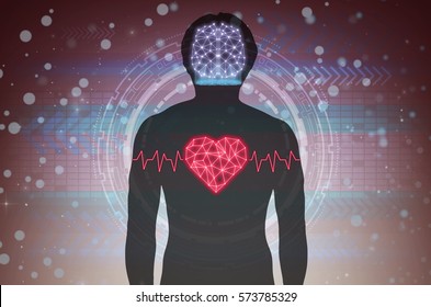Silhouette of human body with technology line and dot of polygonal shape brain and heart over the Technology connection background, Science healthy and physician education concept