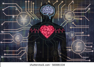 Silhouette of human body with technology line and dot of polygonal shape brain and heart over Abstract photo of FINTECH connection on dark blur background, Science healthy and physician concept