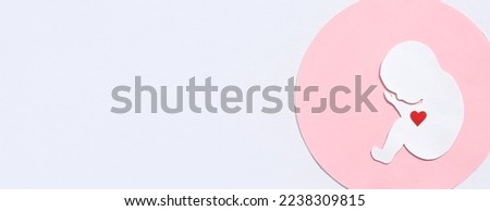 Silhouette of a human embryo with a red heart on a white background. Banner, flat lay, space for text.