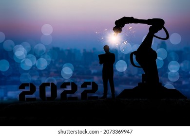 Silhouette Of Industry And Business,2022 Futuristic Happy New Year Celebration,concept Digital Trends,new Modernity Advanced Technology Artificial Intelligence Or AI,machine Learning Automation