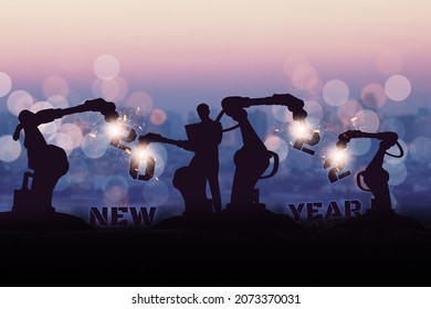 Silhouette Of Industry And Business,2022 Futuristic Happy New Year Celebration,concept Digital Trends,new Modernity Advanced Technology Artificial Intelligence Or AI,machine Learning Automation