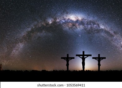 Silhouette of Jesus christ crucifix on cross over heaven sunset concept for catholic religion, christian worship, Christmas, happy Easter Day, Thanksgiving prayer and praise good friday, bible