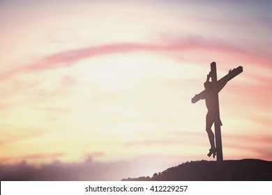Silhouette Jesus Christ crucifixion on cross over calvary sunset background concept for he is risen in ascension, easter day, good friday jesus death on crucifix, Jesus loves you, prayer life Silhouette Jesus Christ crucifixion on cross over calvary sunset background concept for he is risen in ascension, easter day, good friday jesus death on crucifix, Jesus loves you, prayer life