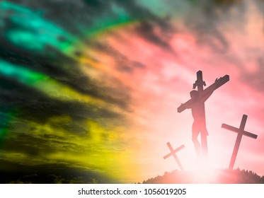 Silhouette Of Jesus With Cross Over Sunset Concept For Religion, Worship, Christmas, Easter, Redeemer Thanksgiving Prayer And Praise, Promise Land And Love The World