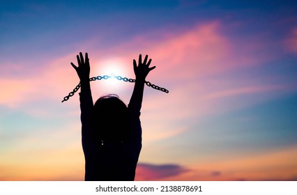 Silhouette Kid With Chain Freedom, Worship And Pray.Human Rights.Child Abuse.break Chain Power Of Prayer.Family And Childhood.Pray Faith Hope.Forgive Revival.Refugee African.Juneteenth Day.kid Child.