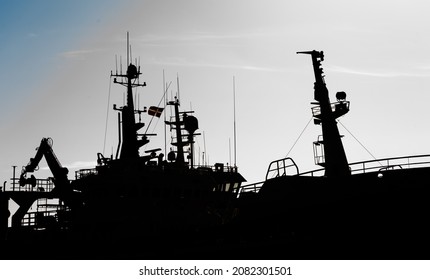 Silhouette Of A Large Fishing Ship.