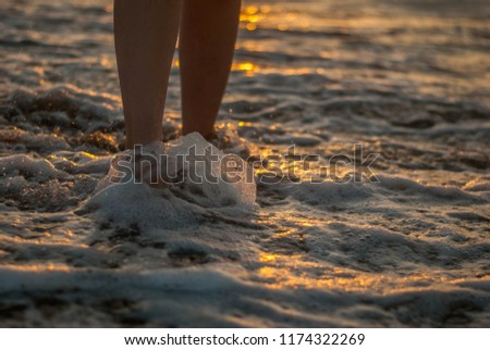silhouette of the legs of a girl walking along the  sea shore at sunset