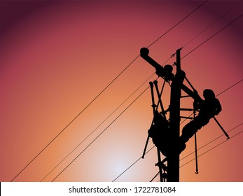 The silhouette of lineman are replacing damaged insulator insulators by using insulated wire-tong sets, tie stick and robe box sets in sliding wires going out in a safety working distance.