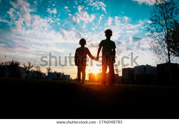 Silhouette Little Boy Girl Holding Hands Stock Photo Edit Now