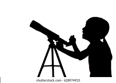 Silhouette Of Little Girl Looking Through A Telescope In Isolated White Background