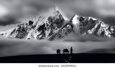 A silhouette of a lone traveler with yaks on a misty mountain pass beneath a monumental snowy peak, creating a serene contrast with the dramatic sky. - Powered by Shutterstock