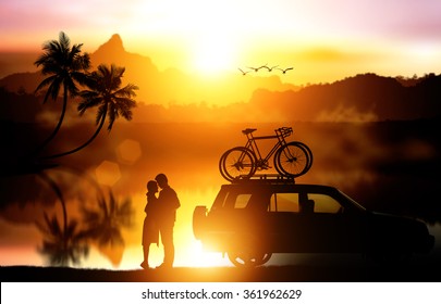 silhouette love couple and bike on rack car on silhouette landscape