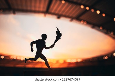 Silhouette of Male Athlete Leading the Relay, with a Modern Track and Field Stadium as the Striking Backdrop. A Captivating Photo for the Summer Game  in Paris. - Powered by Shutterstock