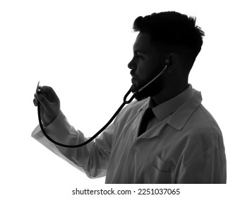 Silhouette of male doctor with stethoscope on white background - Powered by Shutterstock