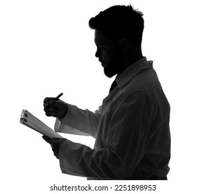 Silhouette of male doctor writing in clipboard on white background - Powered by Shutterstock