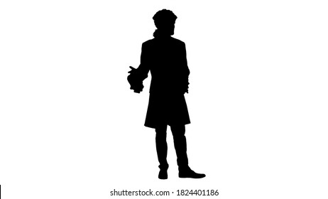 Silhouette Man in 18th century camisole and wig doing welcoming
