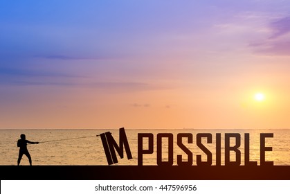 Silhouette man or businessman eliminate, improve, change impossible to possible text on the bridge in front of beautiful sunset and ocean and boat to success and motivate to challenge the team  - Shutterstock ID 447596956
