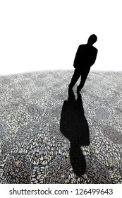 Silhouette Of A Man Casting A Long Shadow On A Cobble Stone Road Against A White Background With Blank Space For Text.