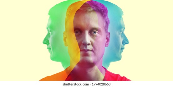 Silhouette Of A Man In Color RGB.  Concept On The Topic Of Psychology, Science, Symbol Of The Complexity Of A Person's Personality. A Creative Idea In The Colors Of RGB.