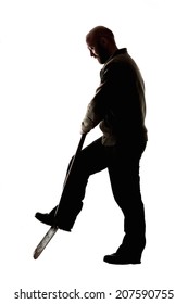 Silhouette Of A Man Digging With Shovel On Isolated White Background