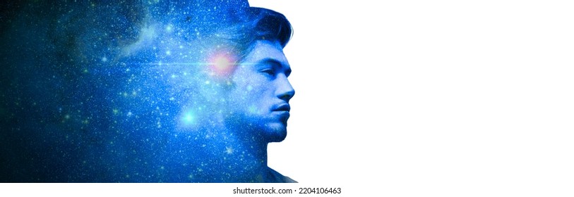 silhouette of man face on space. Universe within. Silhouette of man with space as brain. Scientific and philosophical topics. copy space. Blue light. Elements of this image furnished by NASA - Shutterstock ID 2204106463