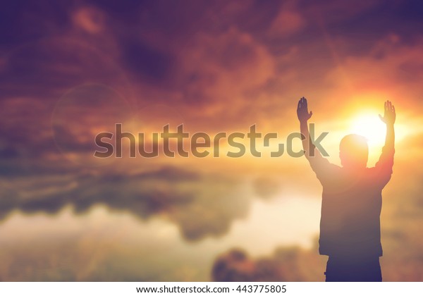 Silhouette Man Hands Rise On Beautiful Stock Photo (Edit Now) 443775805