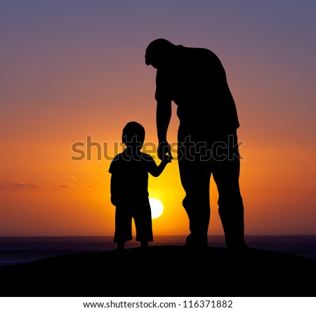 Image, Stock Photo Shadow of father and son on a tour with snowshoes and snowboard