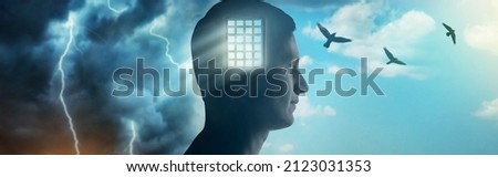 Silhouette of a man on the background of the prison bars, the sky and birds flying away as a symbol of freedom. Concept on the topic of psychology, psychiatry, religion,  freedom, prisoner.