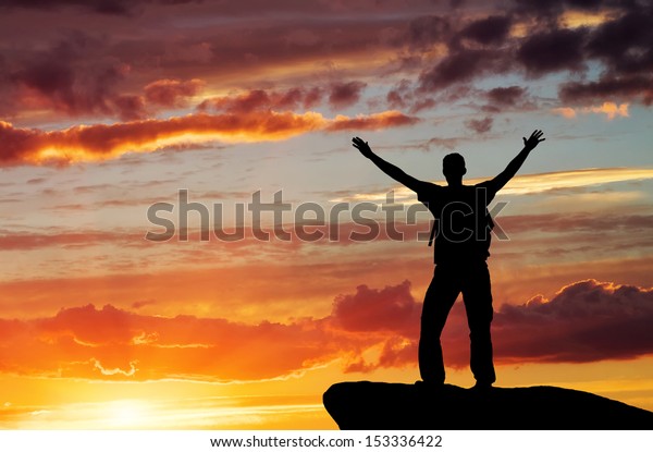 Silhouette Man On Mountain Top On Stock Photo (Edit Now) 153336422