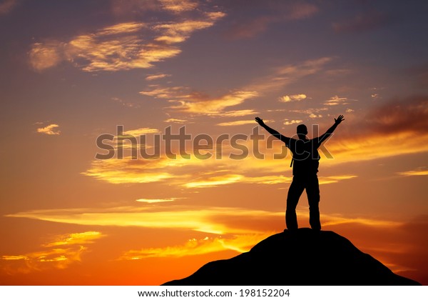 Silhouette Man On Mountain Top On Stock Photo (Edit Now) 198152204