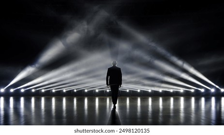 Silhouette of a man on stage illuminated by stage lights. A dramatic and impactful scene ideal for promoting live performances, entertainment events, and stage presence. - Powered by Shutterstock