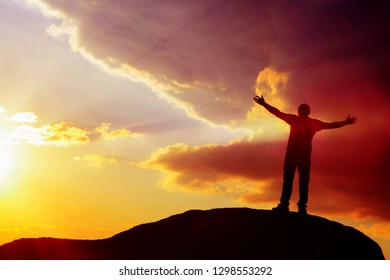 Silhouette Man On Top Mountain His Stock Photo 1298553292 | Shutterstock