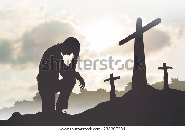 Silhouette Man Praying Cross Heavenly Cloudscape Stock Photo 238207381 ...