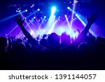 Silhouette of man with raised hands on music concert.
