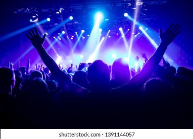 Silhouette of man with raised hands on music concert.