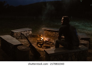 Silhouette Man Sitting Next Campfire Sunset Stock Photo 2170832343 ...