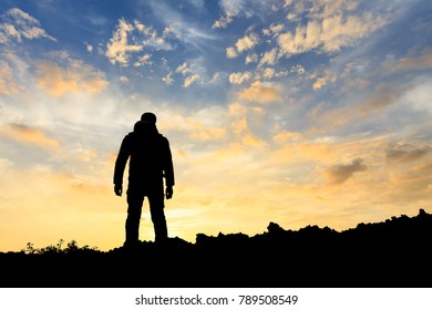 Silhouette Man Standing On Mountain Sunriseconceptual Stock Photo (edit 