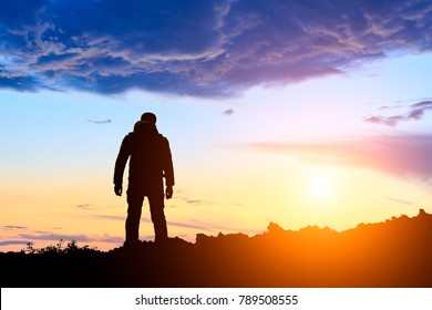 Silhouette Man Standing On Mountain Sunriseconceptual Stock Photo ...