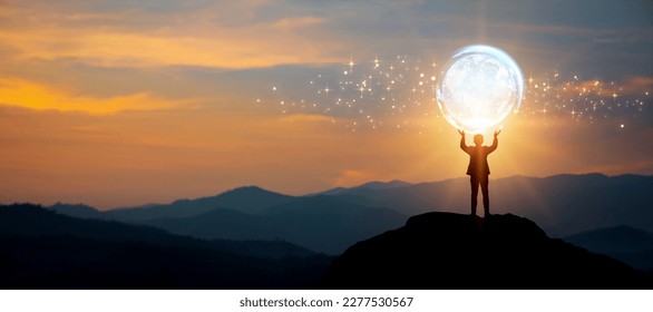 Silhouette man stood on top mountain with virtual world. Concept of global network connection, Online Media Asset design, big data exchange, connection creativity, innovation, and inspiration. - Powered by Shutterstock