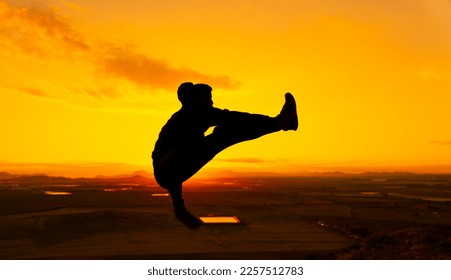 Silhouette of a man suspended in the air performing a martial arts flying kick. Behind him is the dawn sun. He is on top of a mountain. Martial arts concept. - Powered by Shutterstock