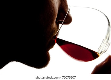 Silhouette of man tasting alcohol. Isolated on white