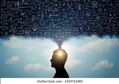 Silhouette of a man, with thoughts in the form of physico-mathematical formulas. The concept of scientific and education topics. - Shutterstock ID 1453763483