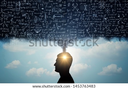 Silhouette of a man, with thoughts in the form of physico-mathematical formulas. The concept of scientific and education topics.