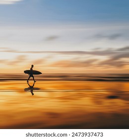 silhouette of a man walking carrying a surfboard against the background of a beautiful sunset and blue sky with motion blur - Powered by Shutterstock