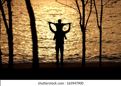 silhouette of the man who lift up children