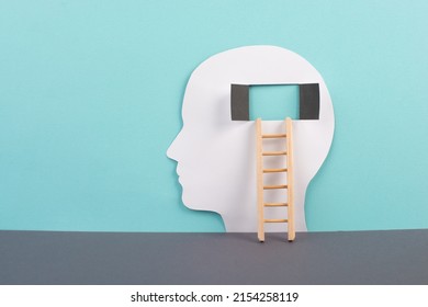 Silhouette of a man, window to the brain, ladder of success, open minded, brainstorming for ideas, disorder and psychology concept
