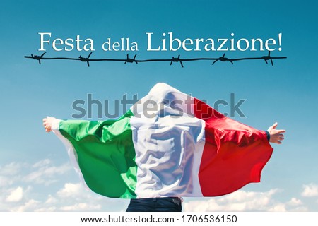 silhouette of a man wrapped in Italy flag - April 25 Liberation Day Text in italian card,