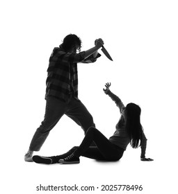 Silhouette Of Maniac With Knife And His Victim On White Background