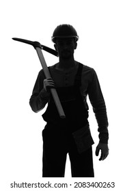 Silhouette Of Miner Man On White Background